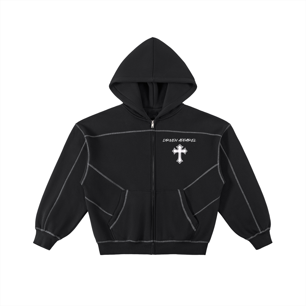 Stitched Boxy Peace Fleece Zip Hoodie